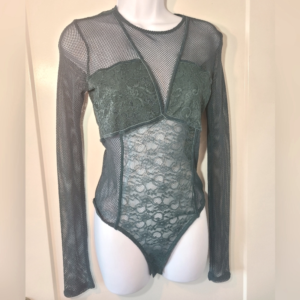 Dark Green Guess Lace Bodysuit Top